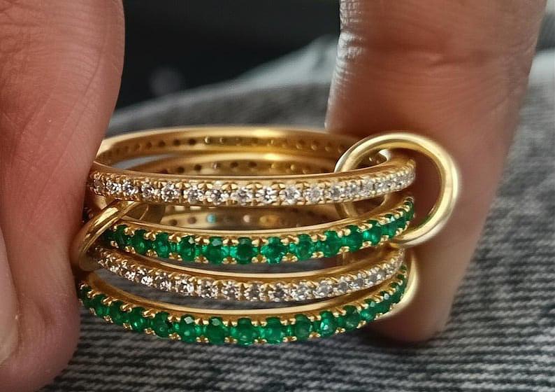 Emerald and Diamond Chunky Interlocking Band Ring, Linked 925 Sterling Silver jewels devika