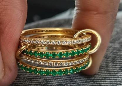 Emerald and Diamond Chunky Interlocking Band Ring, Linked 925 Sterling Silver jewels devika