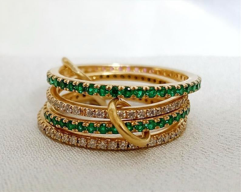 Emerald and Diamond Chunky Interlocking Band Ring, Linked 925 Sterling Silver devikajewels