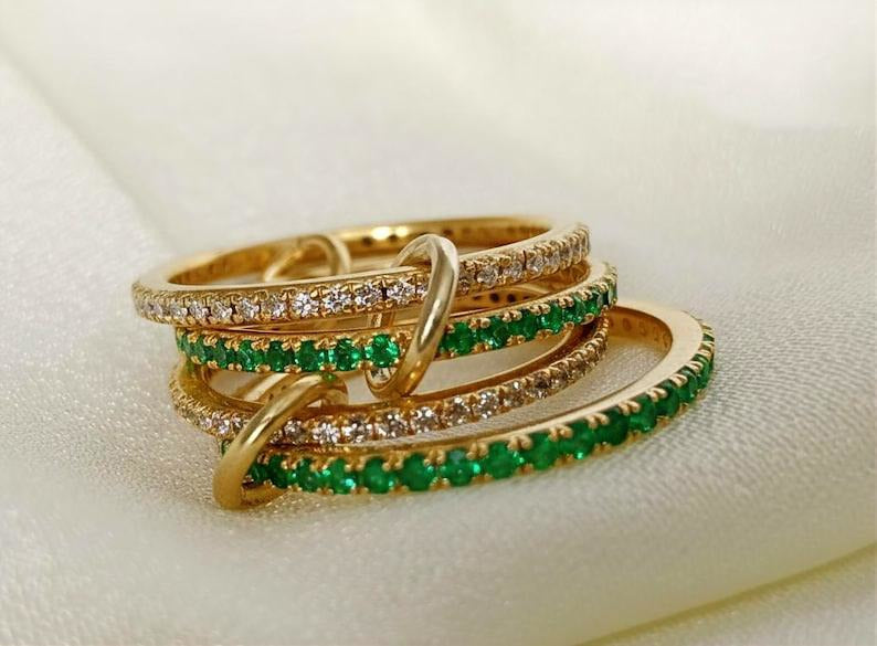Emerald and Diamond Chunky Interlocking Band Ring, Linked 925 Sterling Silver gems devika