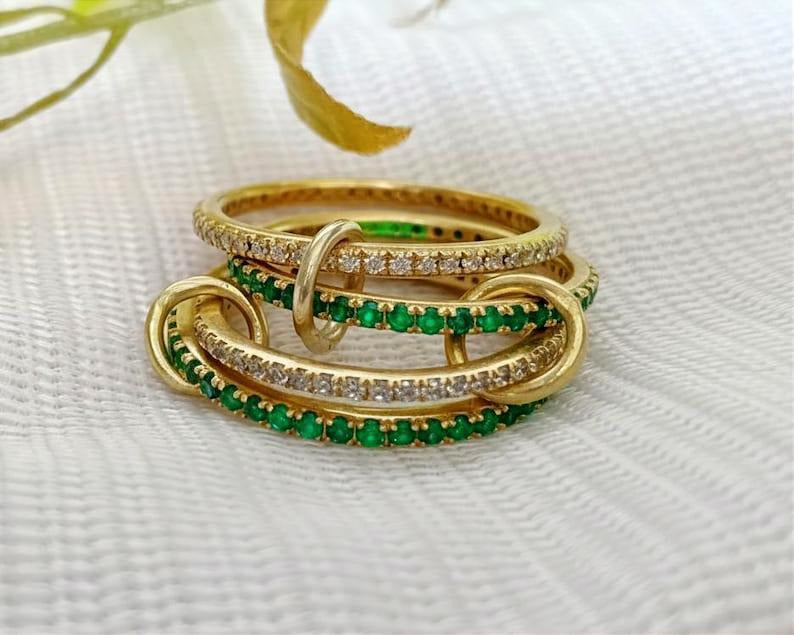 Emerald and Diamond Chunky Interlocking Band Ring, Linked 925 Sterling Silver devikadevika