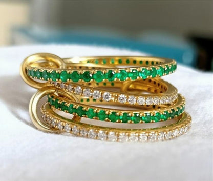 Emerald and Diamond Chunky Interlocking Band Ring, Linked 925 Sterling Silver devikagems
