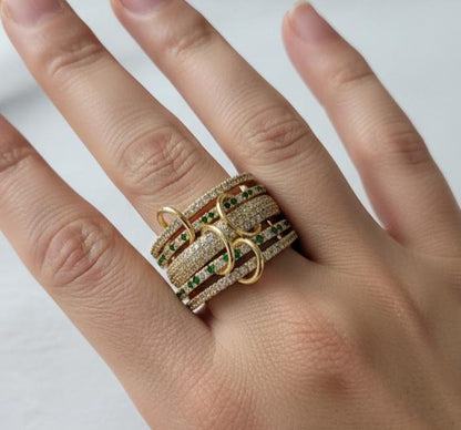 Emerald diamond Interlocking Ring, Multi Linked Spinner 925 Sterling Silver Band - gems jewels