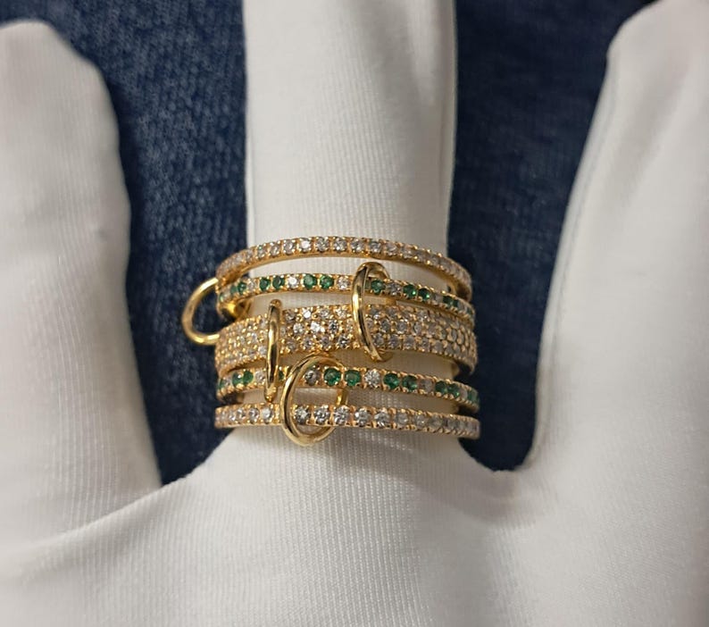 Emerald diamond Interlocking Ring, Multi Linked Spinner 925 Sterling Silver Band devikagemsjewels