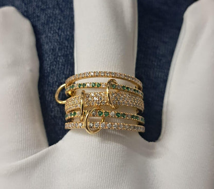 Emerald diamond Interlocking Ring, Multi Linked Spinner 925 Sterling Silver Band devikagemsjewels