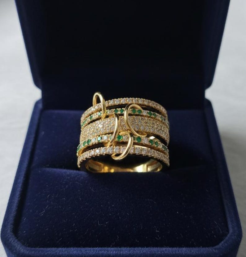 Emerald diamond Interlocking Ring, Multi Linked Spinner 925 Sterling Silver Band devika 