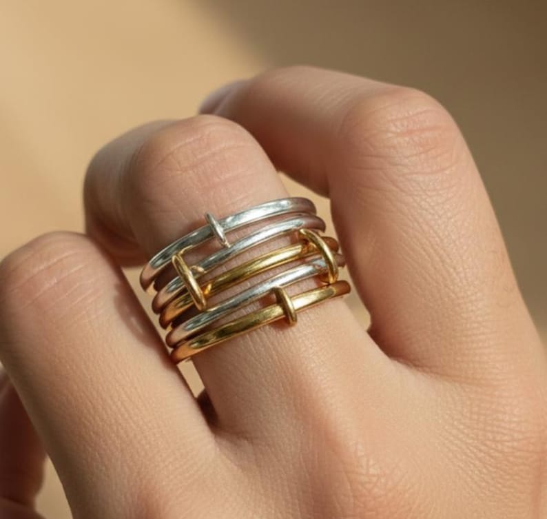 Five Band Sterling Silver Spinner Ring Interlocked Connected Stacker Gold Linked Band 3