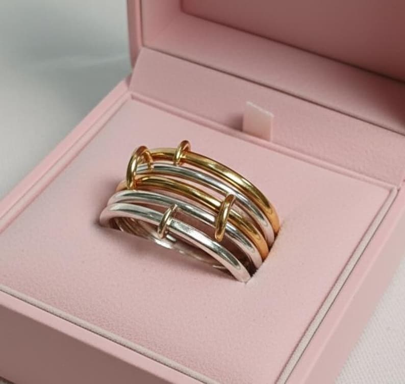 Five Band Sterling Silver Spinner Ring Interlocked Connected Stacker Gold Linked Band 5