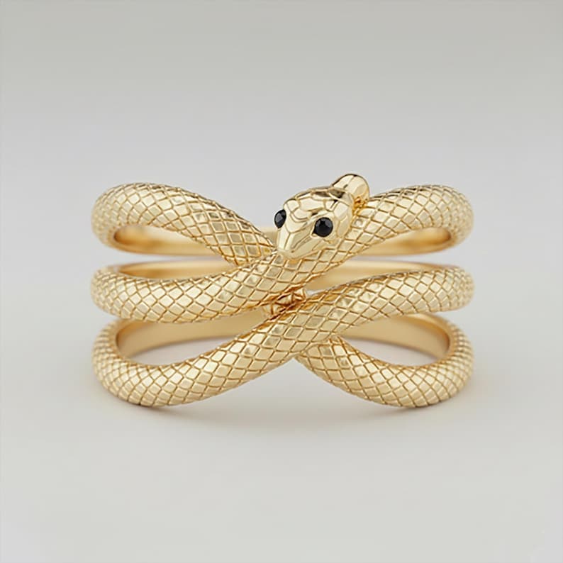 Gold Black Onyx Snake Serpent Wrap Ring Minimalist Animal Jewelry Statement Ring 3