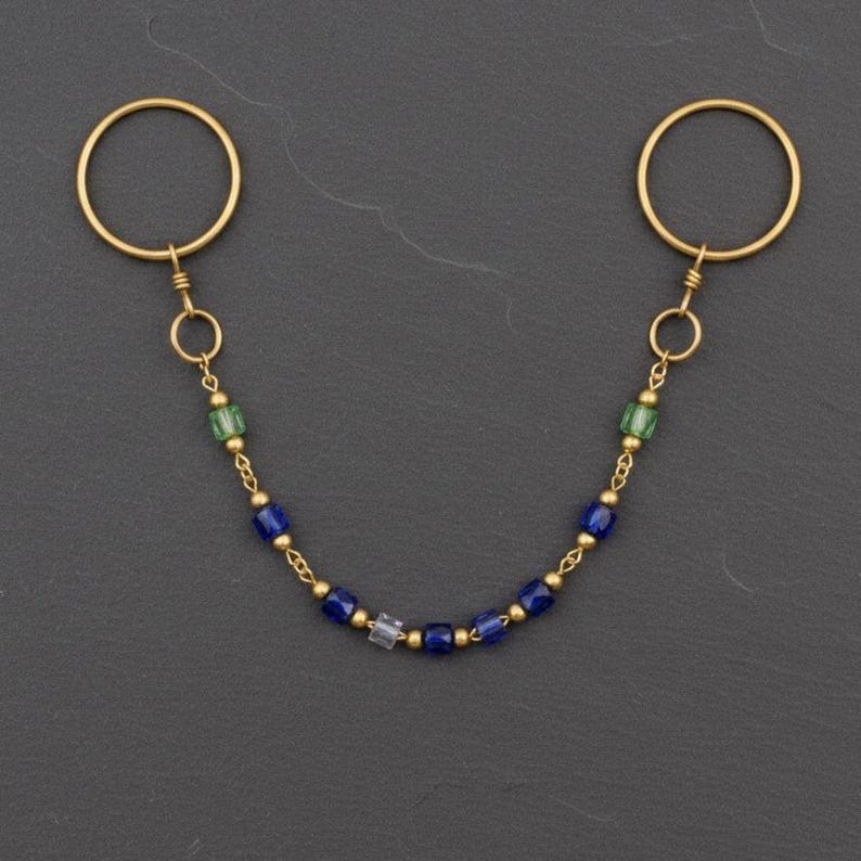 Gold Hoop Dangle Rings Beaded Chain Two Finger Drop 1
