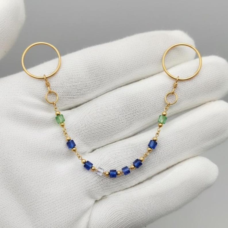 Gold Hoop Dangle Rings Beaded Chain Two Finger Drop 2
