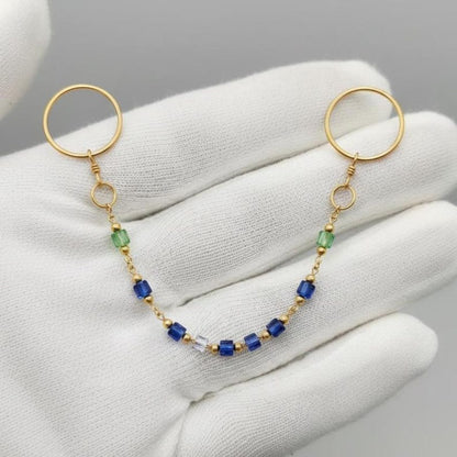 Gold Hoop Dangle Rings Beaded Chain Two Finger Drop 2