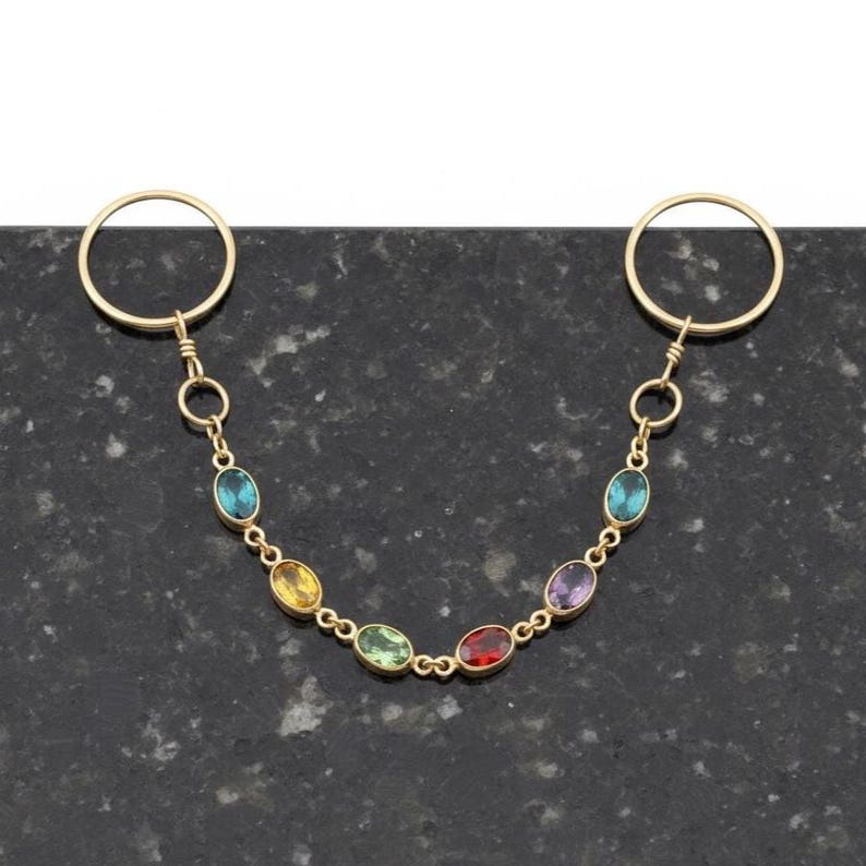 Gold Hoop Dangle Rings Multicolor Gemstone Two Finger Drop 1