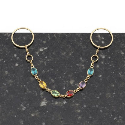 Gold Hoop Dangle Rings Multicolor Gemstone Two Finger Drop 1