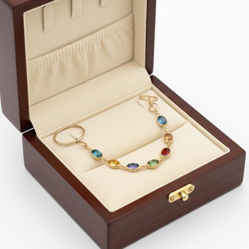 Gold Hoop Dangle Rings Multicolor Gemstone Two Finger Drop 2