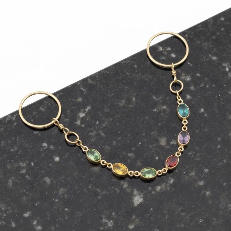 Gold Hoop Dangle Rings Multicolor Gemstone Two Finger Drop 3