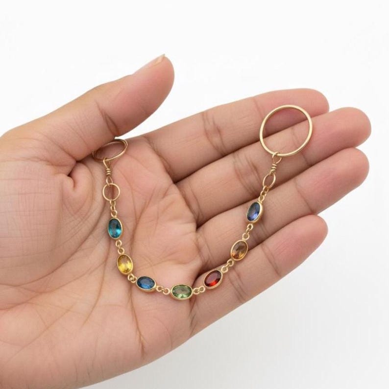 Gold Hoop Dangle Rings Multicolor Gemstone Two Finger Drop 4