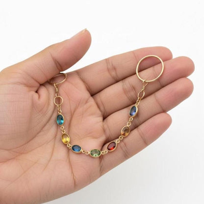 Gold Hoop Dangle Rings Multicolor Gemstone Two Finger Drop 4