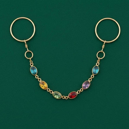 Gold Hoop Dangle Rings Multicolor Gemstone Two Finger Drop 5