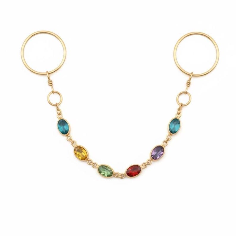 Gold Hoop Dangle Rings Multicolor Gemstone Two Finger Drop 6