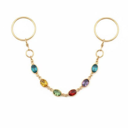 Gold Hoop Dangle Rings Multicolor Gemstone Two Finger Drop 6