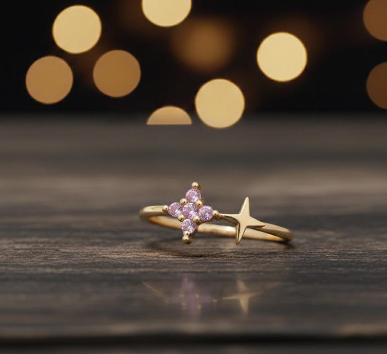 Gold Star Ring for Women, Pink CZ Celestial Minimal Dainty Ring Gift 4
