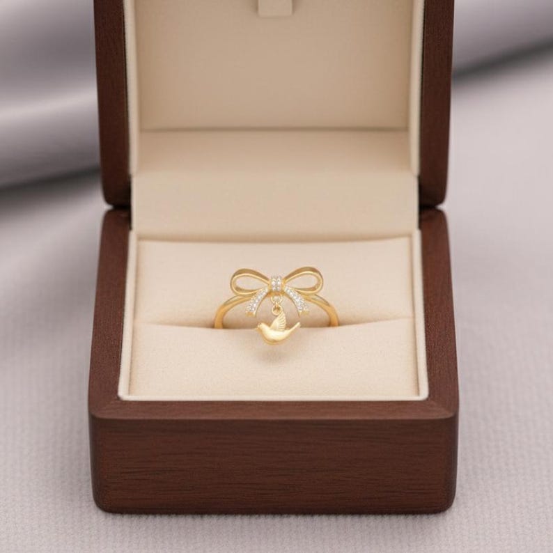 Handmade Bow Bird CZ Ring Gold Plated 925 Sterling Silver | Pink Pave Charm Minimalist Valentine Gift deviakgemstone