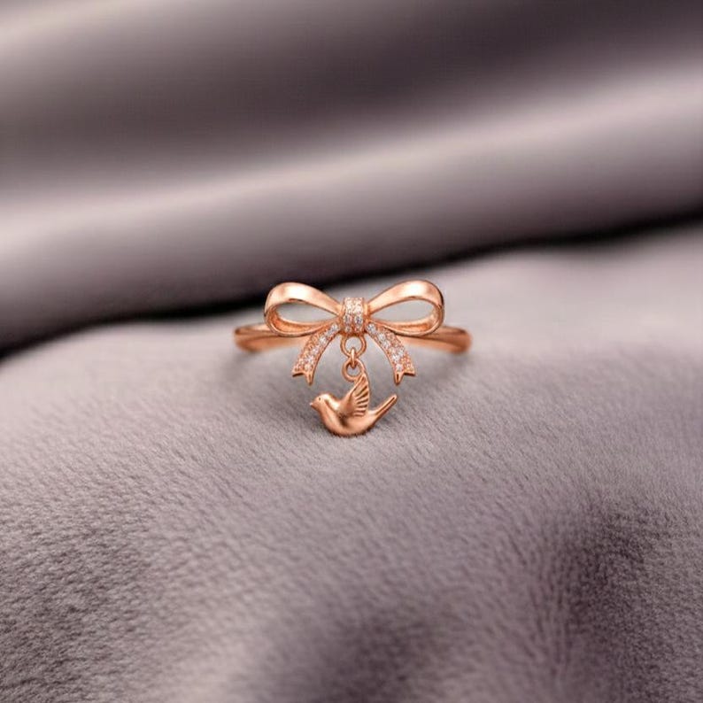 Handmade Bow Bird CZ Ring Gold Plated 925 Sterling Silver | Pink Pave Charm Minimalist Valentine Gift devika