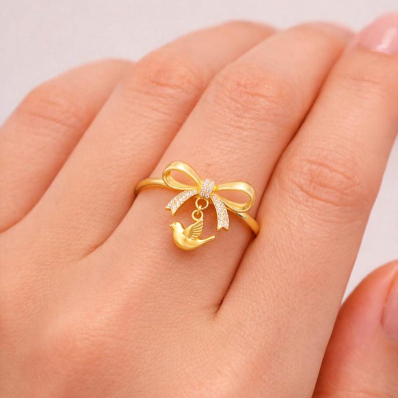 Handmade Bow Bird CZ Ring Gold Plated 925 Sterling Silver | Pink Pave Charm Minimalist Valentine Gift devikagemsjewels
