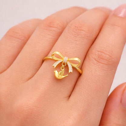 Handmade Bow Bird CZ Ring Gold Plated 925 Sterling Silver | Pink Pave Charm Minimalist Valentine Gift devikagemsjewels