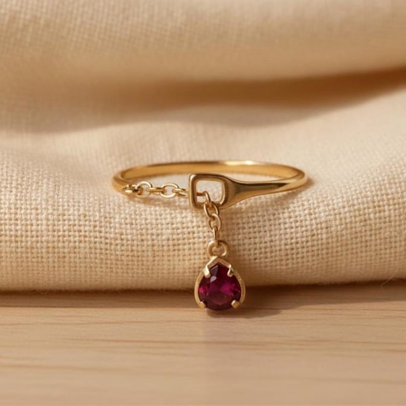 Handmade Dangle Ruby Ring Gold Plated 925 Silver Adjustable Chain Shank