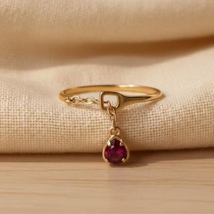 Handmade Dangle Ruby Ring Gold Plated 925 Silver Adjustable Chain Shank