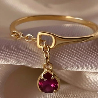 Handmade Dangle Ruby Ring Gold Plated 925 Silver Adjustable Chain Shank  3
