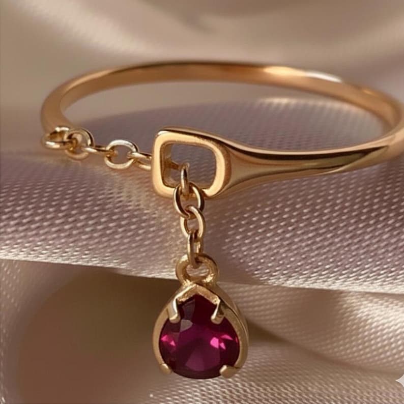 Handmade Dangle Ruby Ring Gold Plated 925 Sterling Silver Adjustable Chain Shank Diamond Accent Ring for Women deviak