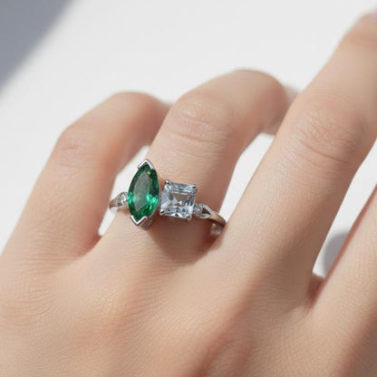 Handmade Dual Stone Gemstone Ring, Marquise Green & Princess Blue Ring, 925 Sterling Silver Gold Plated Statement Cocktail Ring for Women 2