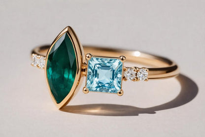 Handmade Dual Stone Gemstone Ring, Marquise Green & Princess Blue Ring, 925 Sterling Silver Gold Plated Statement Cocktail Ring for Women 3