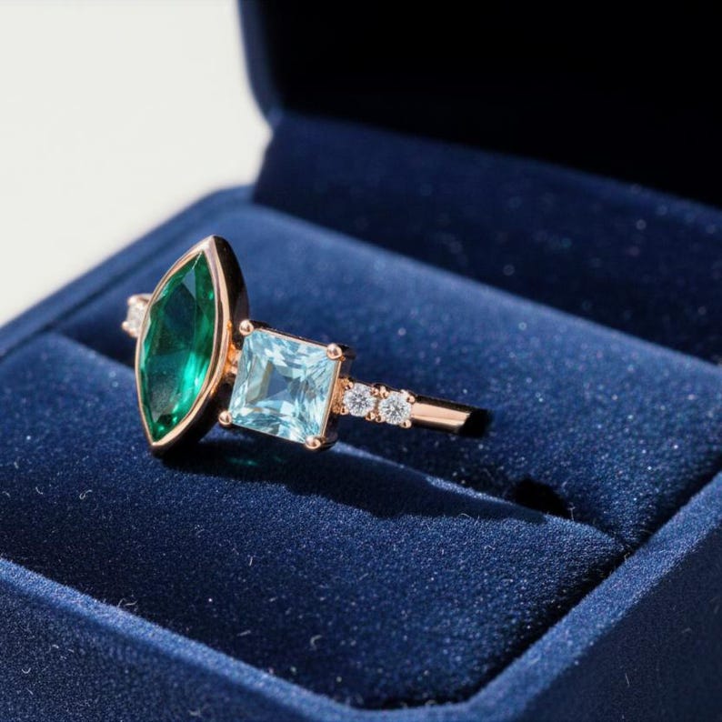 Handmade Dual Stone Gemstone Ring, Marquise Green & Princess Blue Ring, 925 Sterling Silver Gold Plated Statement Cocktail Ring for Women 4