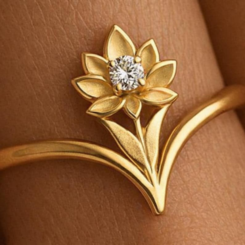 Handmade Floral CZ Diamond Ring Gold Plated Sterling Silver devika