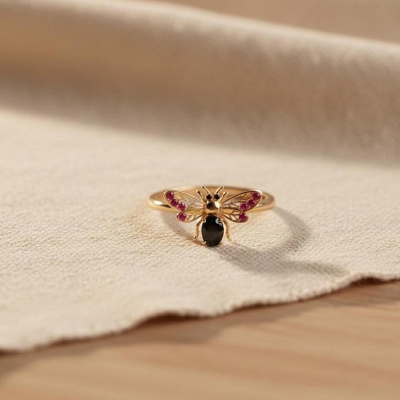 Handmade Sterling Silver Bee Ring: Black & Pink CZ, Nature Jewelry devika