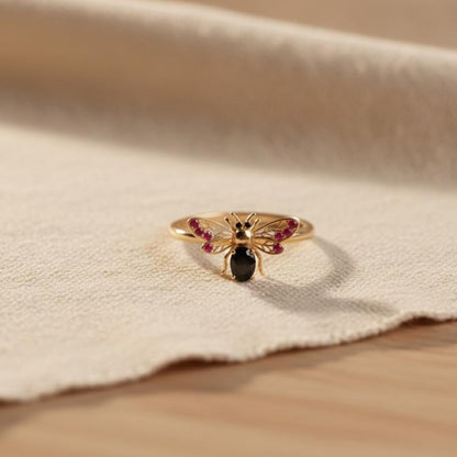 Handmade Sterling Silver Bee Ring: Black & Pink CZ, Nature Jewelry devika