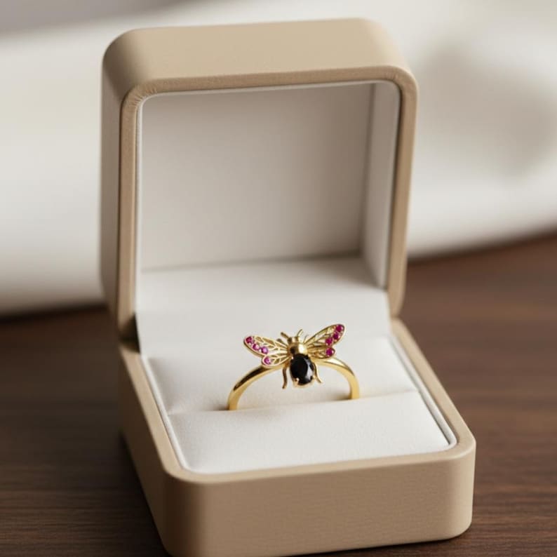 Handmade Sterling Silver Bee Ring: Black & Pink CZ, Nature Jewelry devikajewels