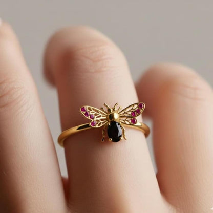 Handmade Sterling Silver Bee Ring: Black & Pink CZ, Nature Jewelry devikagemstonejewels