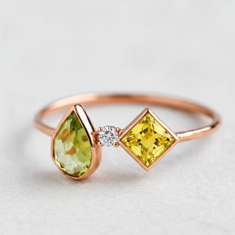 Handmade Toi Et Moi Ring Gold Plated Sterling Silver Pear Yellow Gemstone Bypass Ring 2