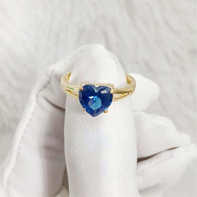 Heart Blue Sapphire Ring, 14k Yellow Vermeil, Anniversary Gift Promise Ring devikka