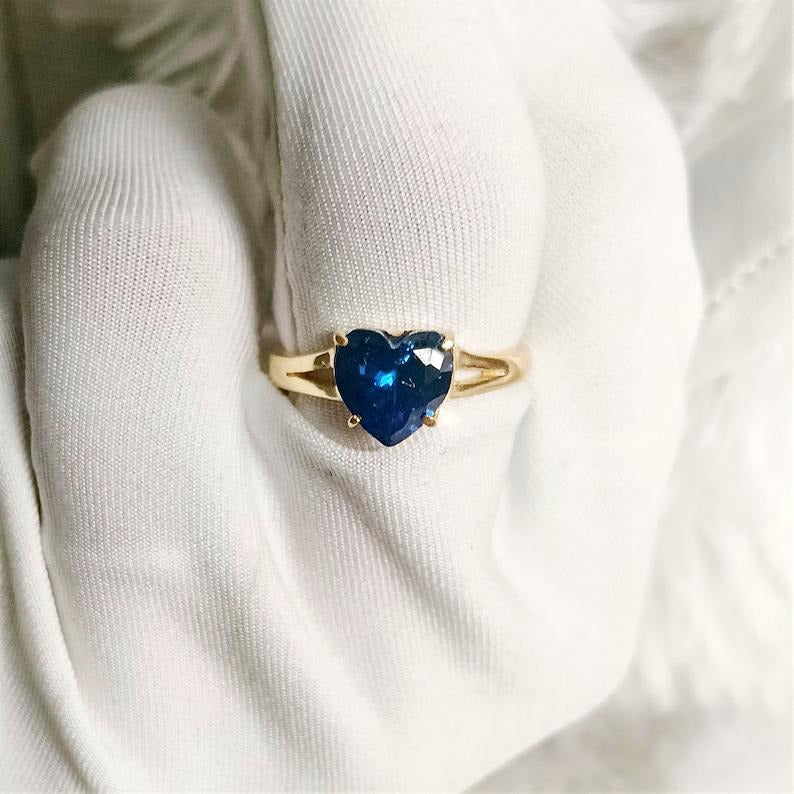 Heart Blue Sapphire Ring, 14k Yellow Vermeil, Anniversary Gift Promise Ring devikajewels