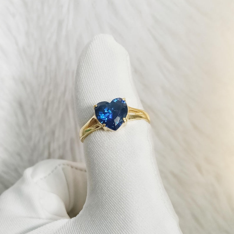 Heart Blue Sapphire Ring, 14k Yellow Vermeil, Anniversary Gift Promise Ring devikaagem