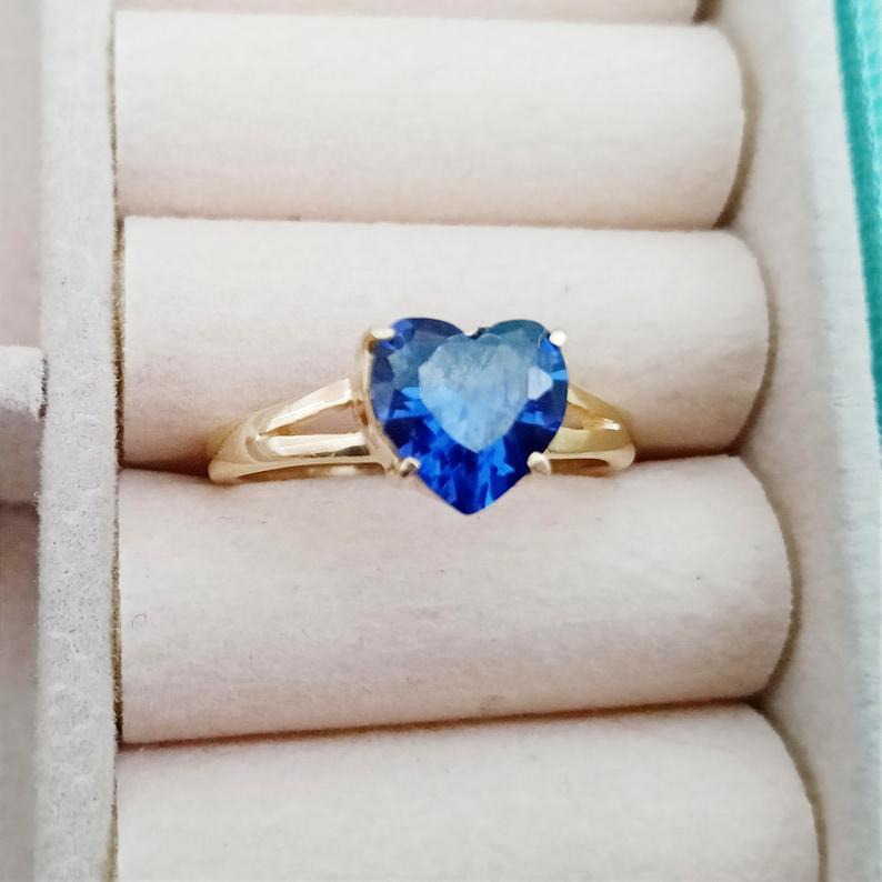Heart Blue Sapphire Ring, 14k Yellow Vermeil, Anniversary Gift Promise Ring devikajewels