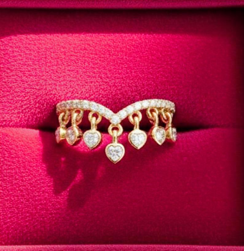 Heart Diamond Drop Tassel Charm Chevron Band, Dangling Shaker 925 Silver Handmade Ring 1