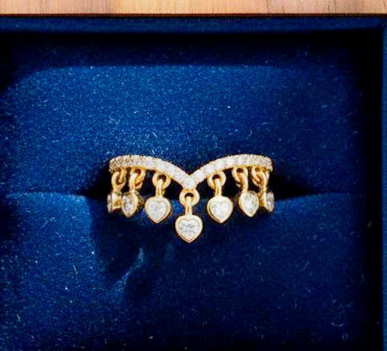 Heart Diamond Drop Tassel Charm Chevron Band, Dangling Shaker 925 Silver Handmade Ring 2