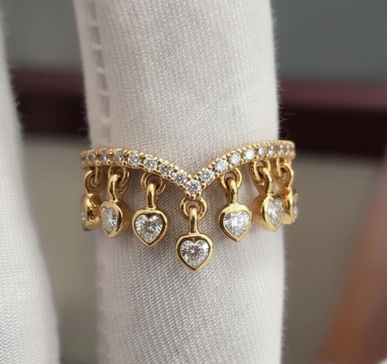 Heart Diamond Drop Tassel Charm Chevron Band, Dangling Shaker 925 Silver Handmade Ring 3